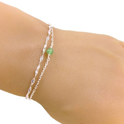 Bracelet double rang avec pierre naturelle verte aventurine, bracelet multi rang en argent, ajustable, pierre de naissance, cadeau femme
