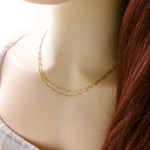 Collier double rang en or 18 carats, chaines perlée, maille vénitienne, collier minimaliste, cadeau anniversaire femme