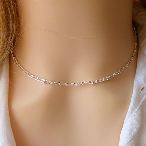 Lot de 2 colliers en argent 925 – chaînes fines perlées – style minimaliste et féminin