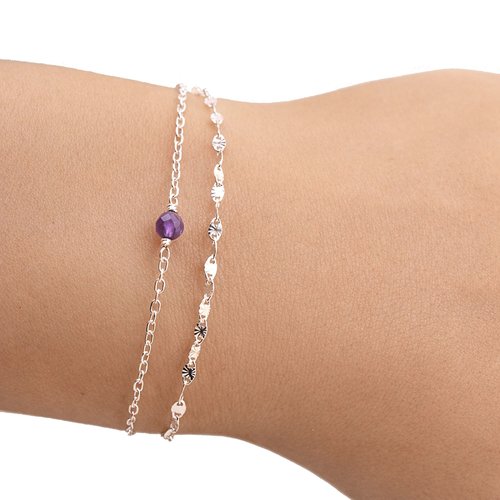 Bracelet argent 925 améthyste véritable facettée - bracelet ajustable 16-19 cm, double avec chaîne soleil