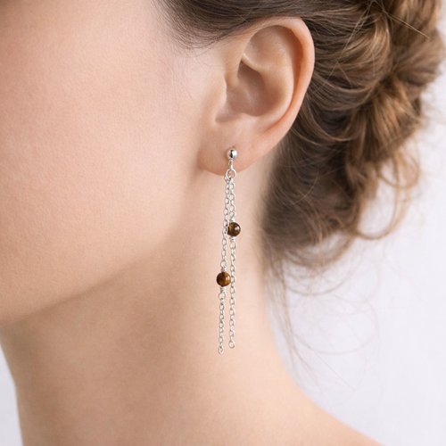 Boucles d’oreilles pendantes en argent 925 et œil de tigre – longues chaînes