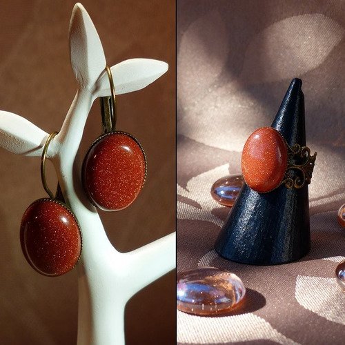 Parure bague + boucles d'oreilles en pierre du soleil 
