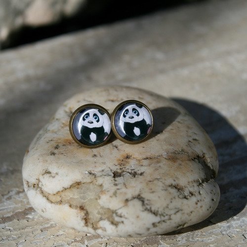 Boucles d'oreilles clous cabochon verre pandas kawaï