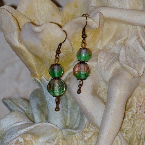 Boucles d'oreilles perles indiennes bicolores ( vert et ocre )