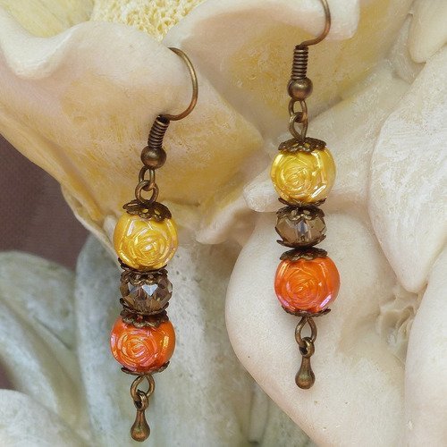 Boucles d'oreilles éthnique perles oranges et jaunes