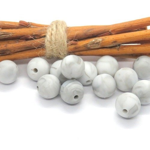 10 perles en silicone marbré blanche et grise pour attache tétine 12 mm
