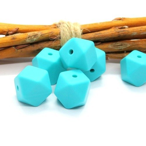 Perle silicone hexagonale turquoise 14 mm 