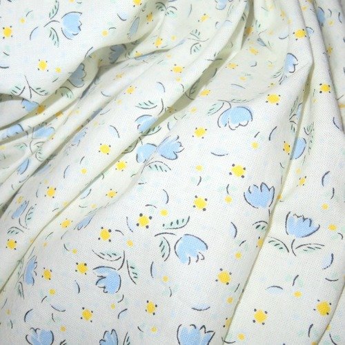 Tissu liberty à fleurs bleues et pois jaune 132 x 50 cm