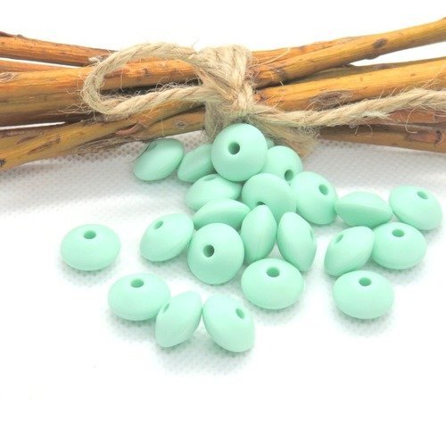 10 perles plates forme lentilles en silicone alimentaire vert menthe 12 mm