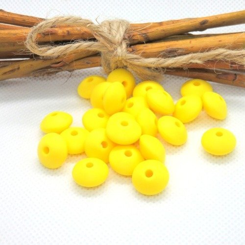 10 perles plates forme lentilles en silicone alimentaire jaune citron 12 mm