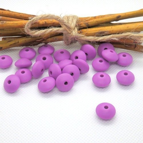 6 perles plates forme lentilles en silicone violette 12 mm