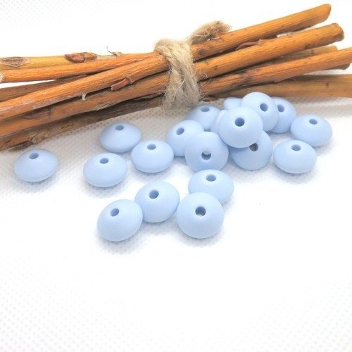 7 perles plates forme lentilles en silicone alimentaire bleu ciel 12 mm