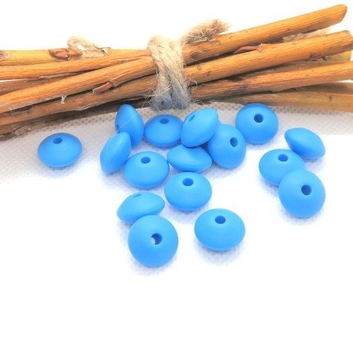 10 perles plates forme lentilles en silicone alimentaire bleu 12 mm