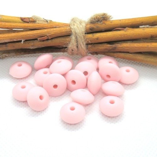 10 perles plates forme lentilles en silicone alimentaire rose 12 mm