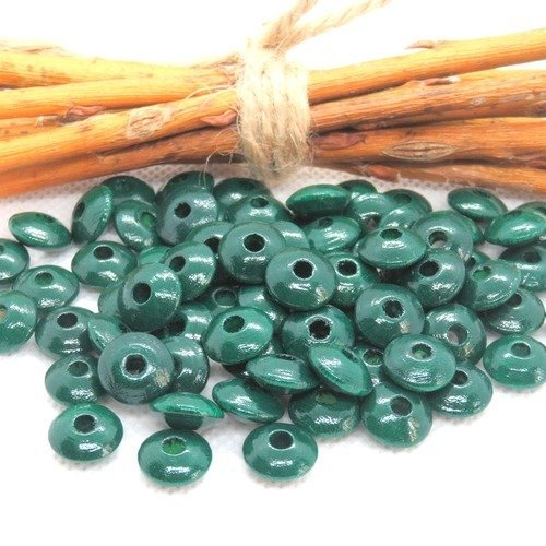 50 perles en bois plates forme lentilles vert/sapin pour attache tétine 10 mm norme ce