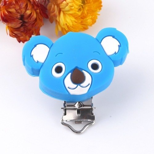 Pince clip attache tétine silicone tête de koala bleue