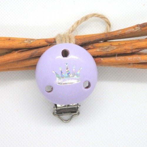 Pince clip attache tétine bois "couronne" brillante  violette / mauve norme ce