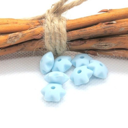 5 perles lentilles forme etoile en silicone bleue ciel 12 mm