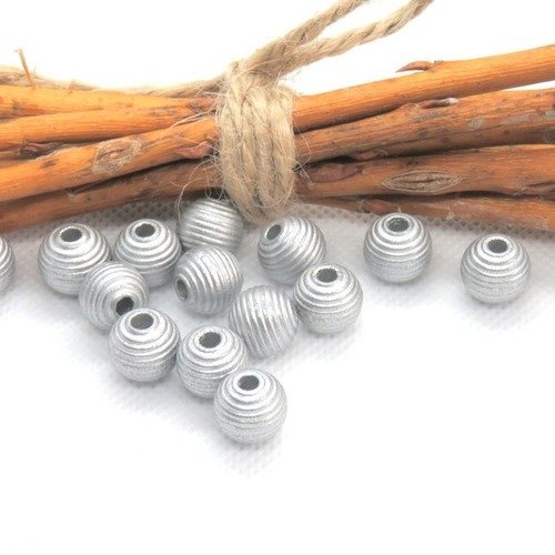 10 perles en bois striées argentées pour attache tétine 10 mm norme ce