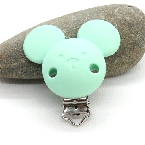 Pince clip attache tétine silicone tête de souris vert menthe
