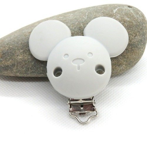 Pince clip attache tétine silicone tête de souris gris clair