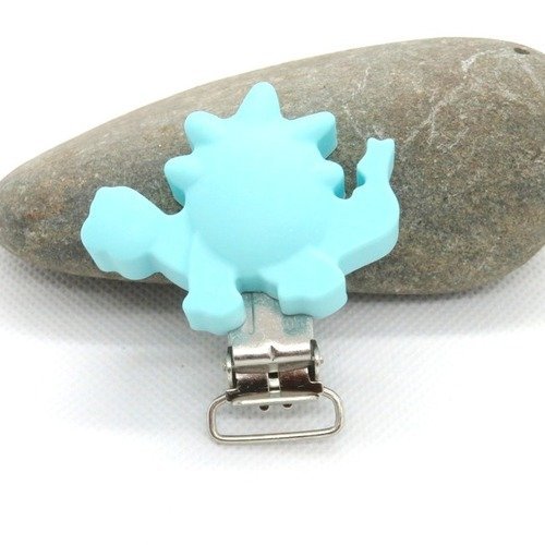 Pince clip attache tétine silicone dinosaure turquoise clair