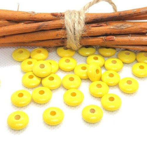 50 perles en bois plates forme lentilles jaune pour attache tétine 10 mm 