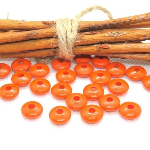50 perles en bois plates forme lentilles orange pour attache tétine 10 mm 