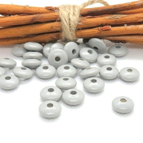 50 perles en bois plates forme lentilles grise claire pour attache tétine 10 mm