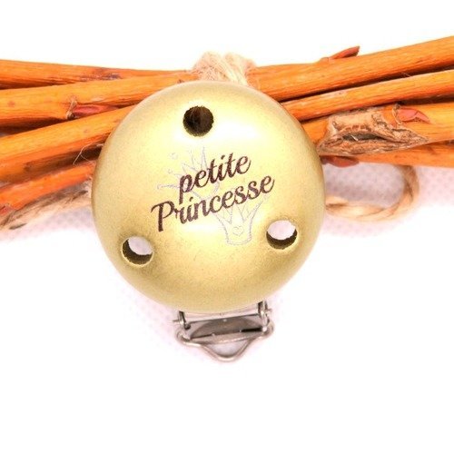 Pince clip attache tétine bois "petite princesse" or norme ce