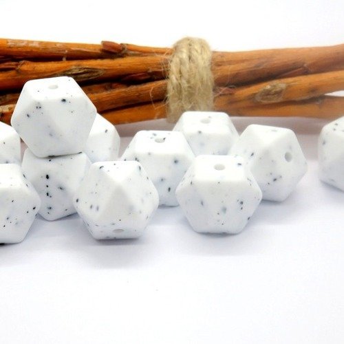 Perle silicone hexagonale blanche poussières d'étoiles 14 mm