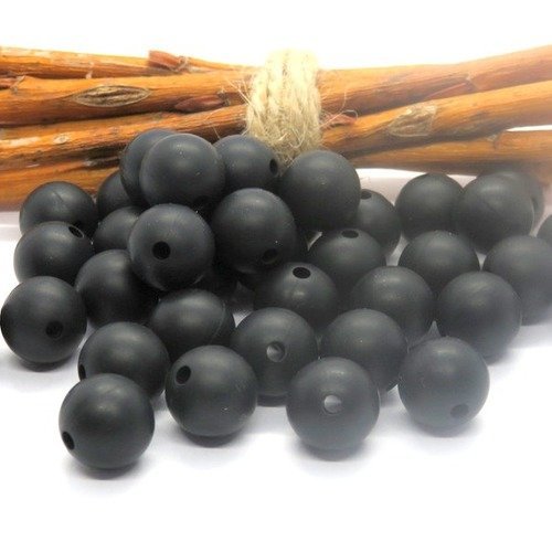 10 perles en silicone alimentaire noire 12 mm
