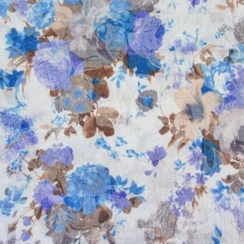 Tissu coton froissé imprimé fleurs bleu et marron