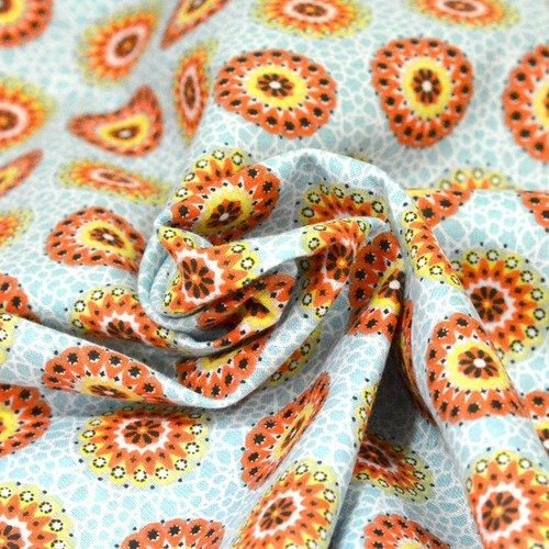 Tissu coton imprimé fleurs orange jaune 50 x 140 cm
