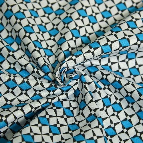 Tissu coton imprimé losange bleu noir et blanc 50 x 140 cm