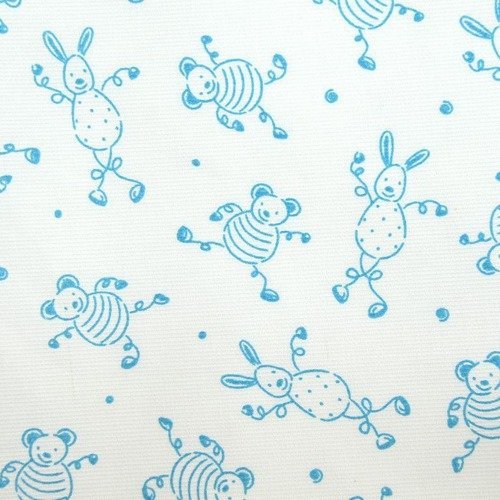 Tissu  coton milleraies imprimé lapin ours bleu 50 x 140 cm