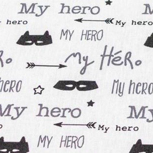 Tissu coton oeko-tex my hero sur fond blanc enfant 150 x 50 cm