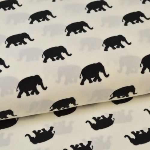 Tissu microfibre fluide imprimé éléphants noir sur blanc 145 x 50 cm