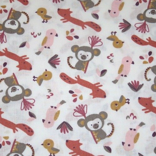 Tissu coton oeko-tex renard singe oiseau enfant 150 x 50 cm