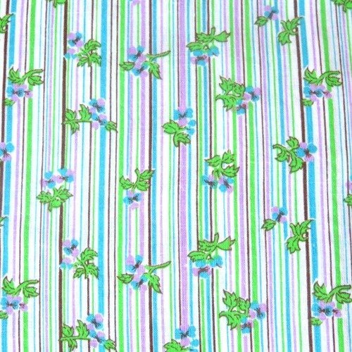 Tissu rayures en coton fleurs mauve verte 90 x 50 cm