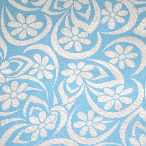 Tissu satin fleurs  bleu et blanc envers molleton 95 x 50 cm