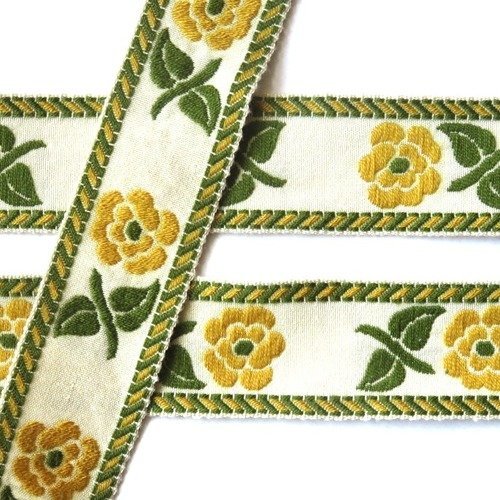 Ruban ancien motifs floraux jaune vert
