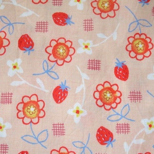 Tissu coton fleurs et fraise rouge 150 x 45 cm