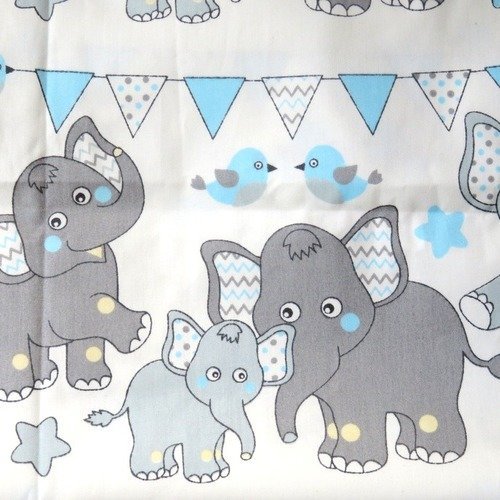 Tissu coton éléphant gris sur fond blanc pour enfant 160 x 50 cm