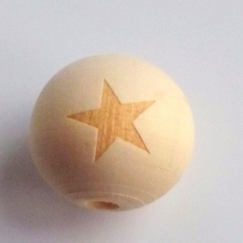 Perle ronde avec étoile en bois brut naturel pour attache tétine 20 mm