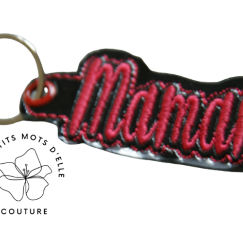 Porte-clef maman en simili cuir noir verni et rouge