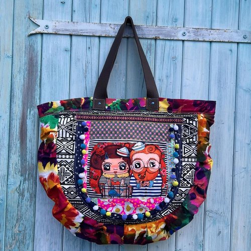 Grand sac tote bag demi-lune en lin coloré et patchwork haut en couleurs!