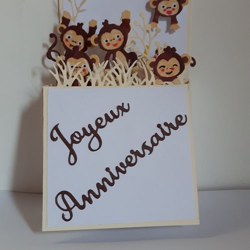 Ref 311 carte exceptionnelle avec singes anniversaire enfants pop up fait main