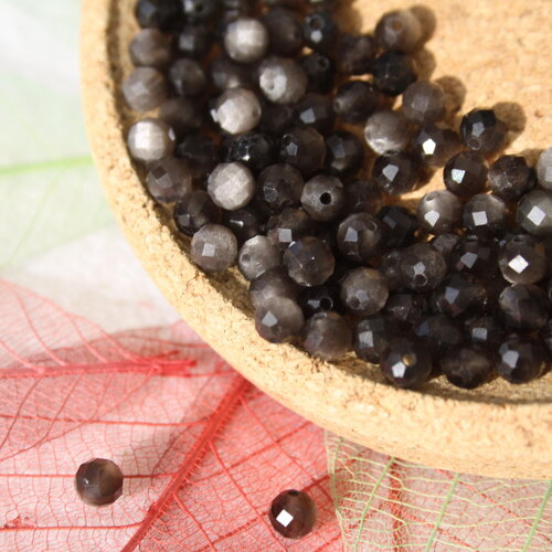 Perles en obsidienne argentee facettes 3 mm