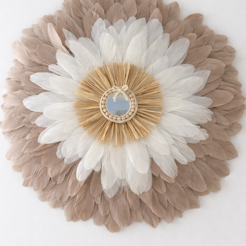Juju hat charme bohême - décoration murale en plumes d'oie naturelles miroir perles en bois et raphia